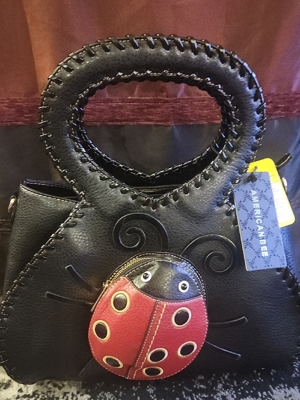 5 Space Large Black Shoulder/Hand Bag with Red Ladybug Accent Pocket